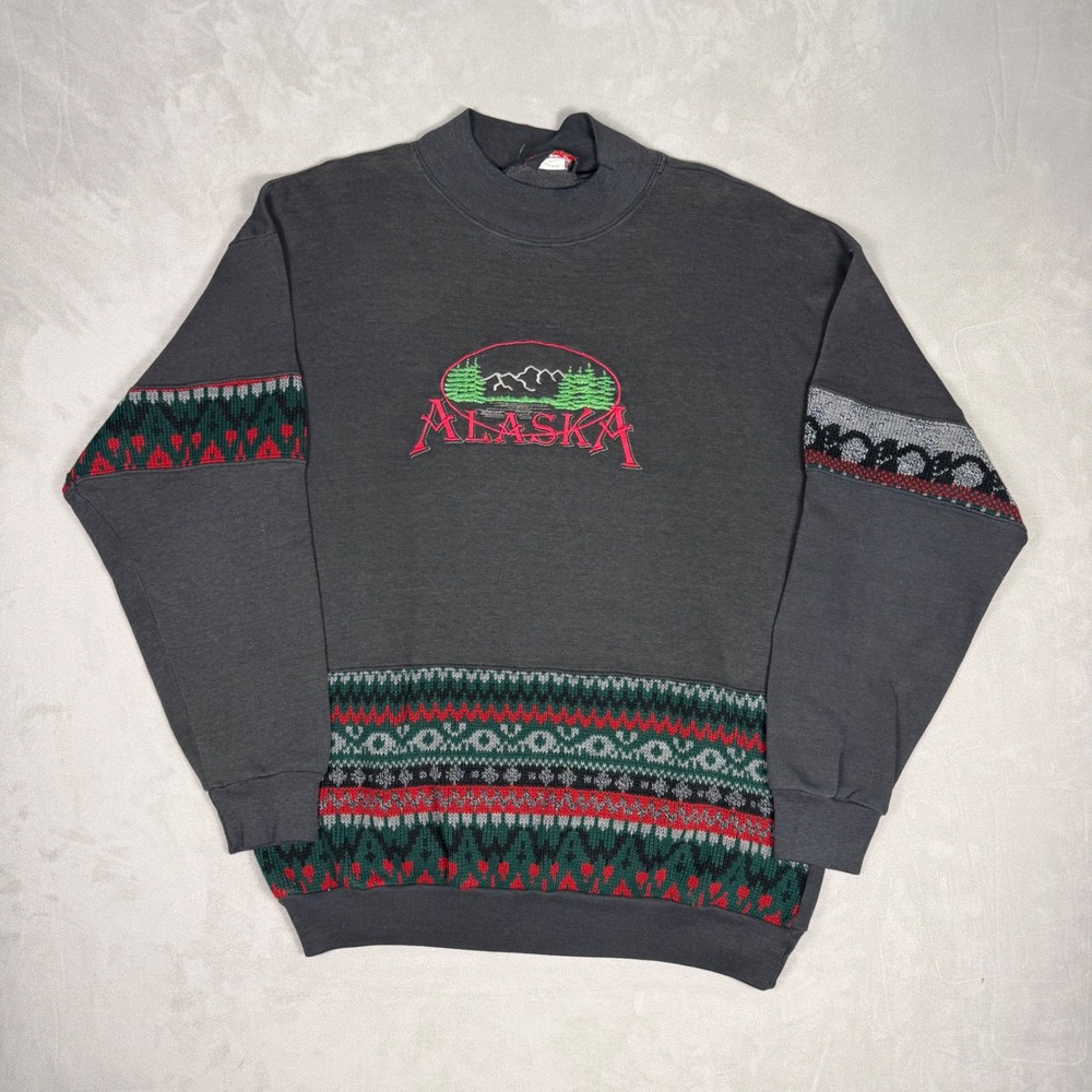 90s Mens Sunbelt Alaska Embroidered Tapestry Mock Neck Sweatshirt OS
